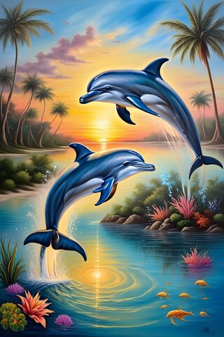 A Group Of Dolphins In A Body Of Water With Plants and Trees Around It