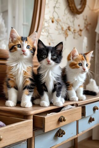 A Group Of Kittens On A Dresser