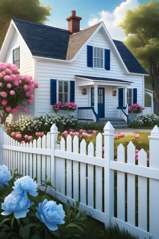 A White Picket Fence With A House In The Background