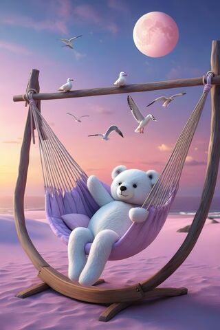 A Stuffed Animal In A Hammock With Birds Flying Around