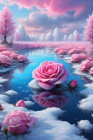 A Group Of Pink Flowers In A Pond
