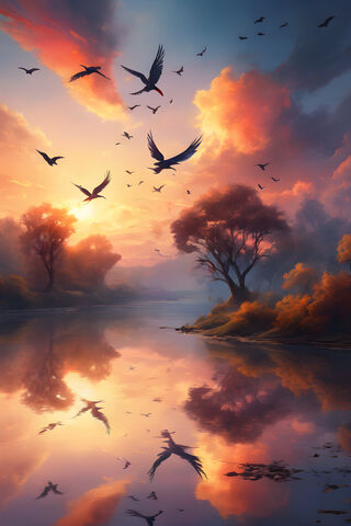 Birds Flying Over River Sunset