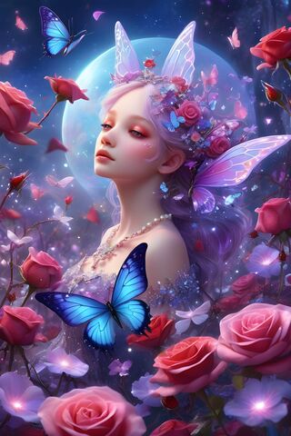 Beautiful Girl With Roses, Butterfly's & Diamonds