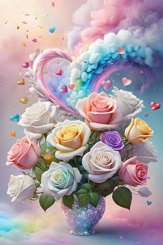 Beautiful Bouquet Of Pastel Colored Roses, Sparkly Vase