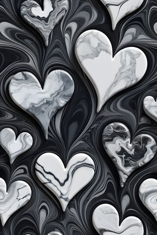 Black, Gray and White Marble Swirled Hearts