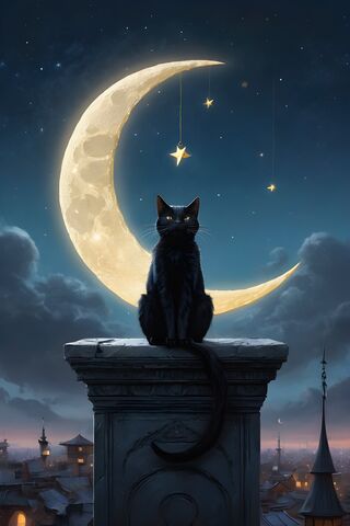 Black Cat Sitting On A Crescent Moon