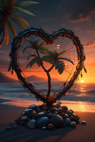 Beach Sunset With A Heart and Palm Tree