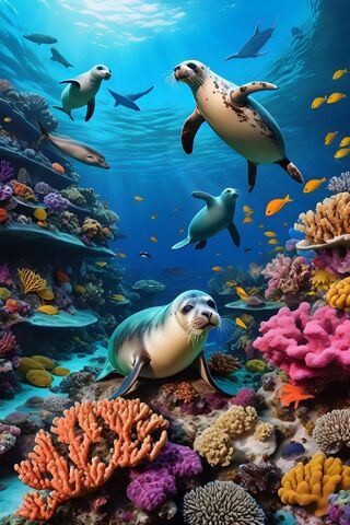 Beautiful Seals By The Coral Reef