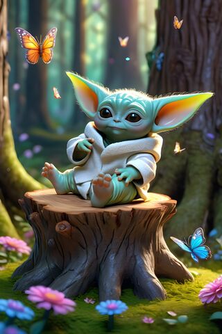 Baby Yoda Sitting On A Tree Stump