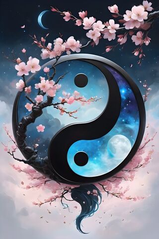 Black and Blue Yin Yang Cherry Blossoms