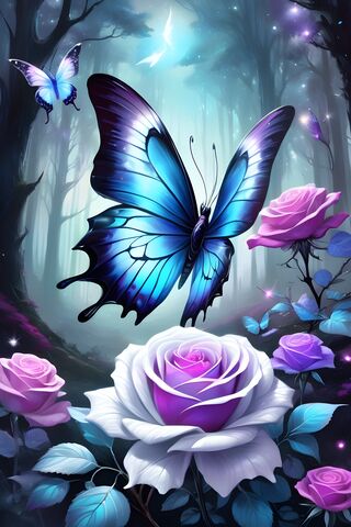 Blue & Purple Iridescent Butterfly & Roses