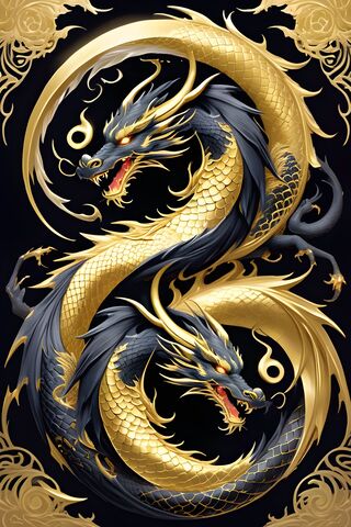 Black and Gold Twin Dragon Ying and Yang