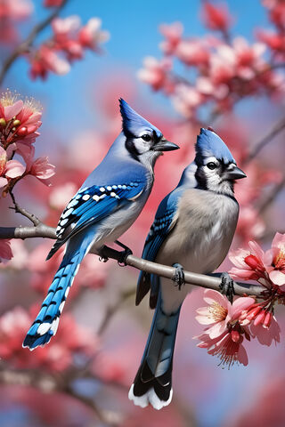 Blue Jays On Flowering Tree