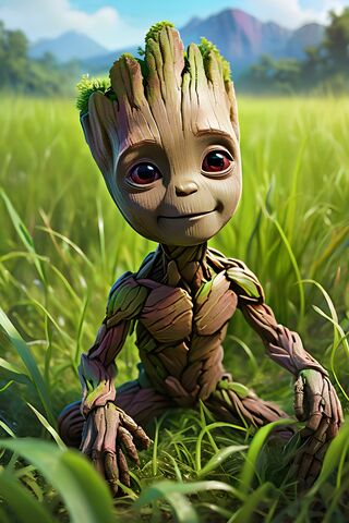 Baby Groot In Grassy Field