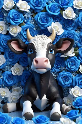 Baby Cow Surrounded By A Bunch Of Blue Roses
