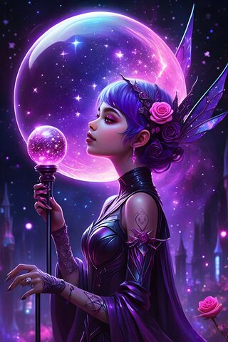 Beautiful Cyberpunk Girl With Purple Globe Shaped Wand
