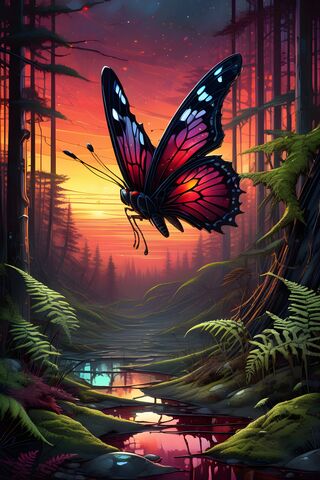 Beautiful Butterfly In A Dark Sci-Fi Forest