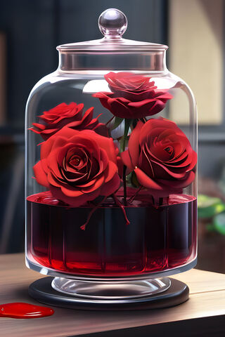 Beautiful Dark Roses In Transparent Glass Pot With Red Liquid