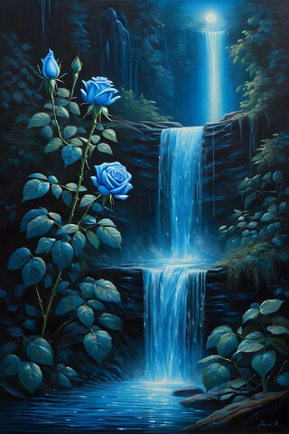 Blue Roses With Waterfall