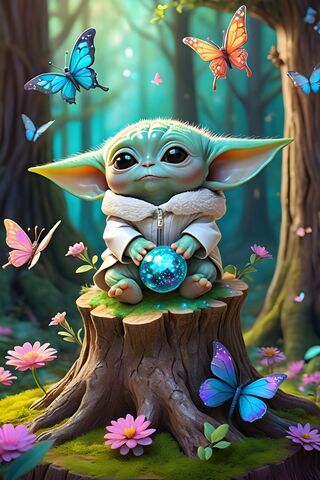 Baby Yoda Holding A Ball Sitting On A Tree Stump and Butterflies