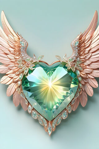 Beautiful Green Crystal Heart Held By Wings With Rose Gold