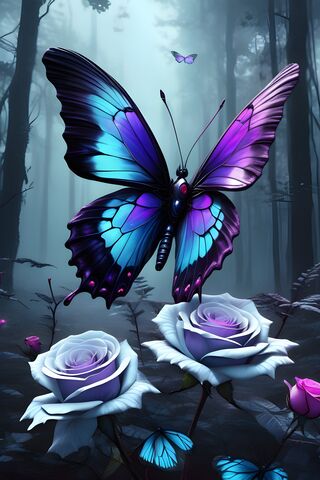 Beautiful Pink, Blue & Purple Iridescent Butterfly & Roses