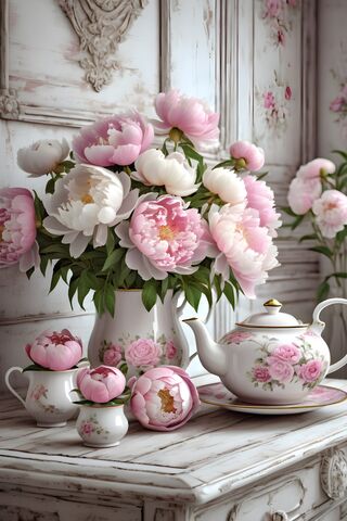 Beautiful Floral Teapot Filled With Blooming Peonies In A Shabby Chic