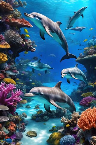 Beautiful Dolphins By The Coral Reef