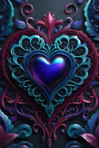 Burgandy Teal Black Lace and Carved Wood Surrounding A Plump 3D Heart