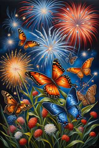 Butterflies With Fourth Of July Fireworks