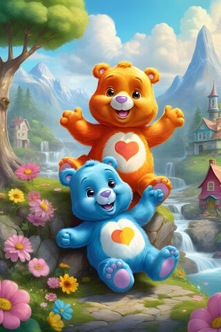 Cheerful Care Bears in a Magical Landscape 🌈🐻