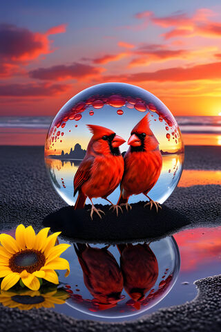 Cardinals With Black Sand Reflection Glass Bubble Reflection Beach Sun