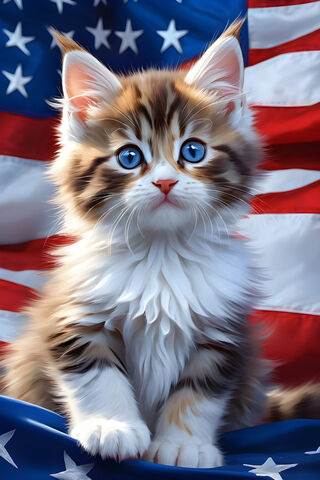 Cute Maincoon Kitten American Red White Blue Flag Beautifully Lit