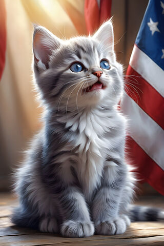 Cute Grey Kitten American Flag