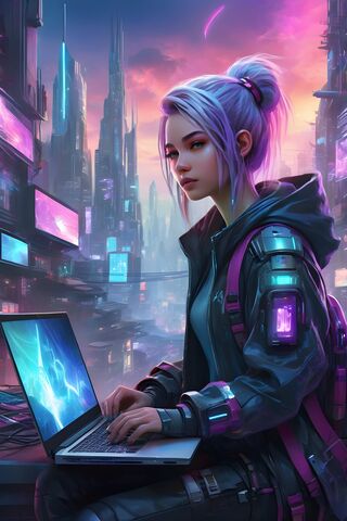 Cyberpunk Girl With Laptop