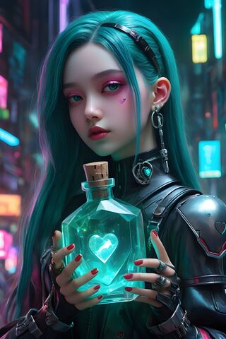 Cyberpunk Girl With Heart Potion Bottle