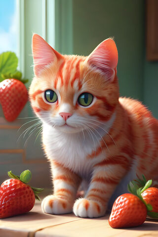 Cat Looks At The Strawberry ?