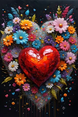 Coffee Red Heart Dripping Black Glass and Crushed Flowers