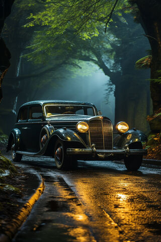 Vintage Car in a Misty Forest