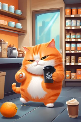 Cute Chubby Cat With Coffee