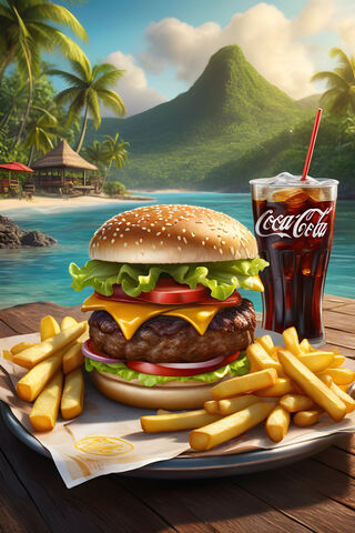 Cheeseburger, Fries and Coca-Cola In Paradise