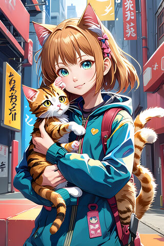 Cat Girl Hugging Tabby Cat