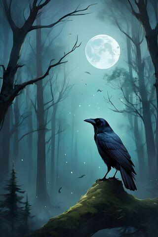 Crow In Forest With Moon