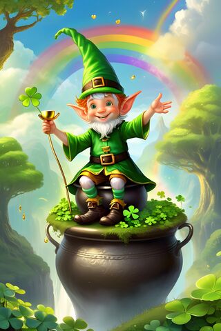 Cute Little Irish Elf Sitting On A Pot Of Gold