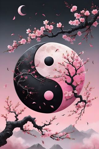 Cherry Blossom With Ying and Yang Moon