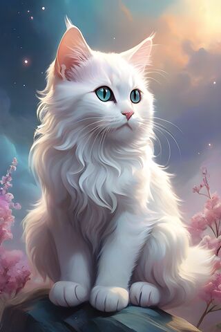 Majestic White Cat in a Dreamy Landscape 🌸✨