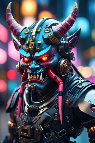 Neon Guardian: The Cyberpunk Oni Mask