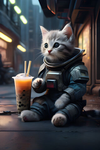 Cute Kitten Drinking Boba Tea