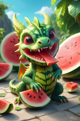 Cute Baby Dragon Eating Watermelon