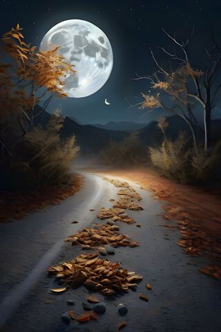 Dried Leaves With Gravel Road Under Moon Light